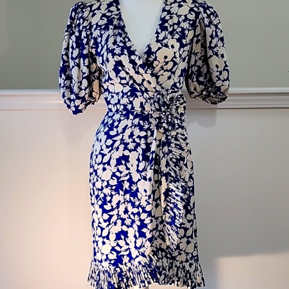 Vintage Puff Sleeve Floral Blue White Silk Dress Richard Warren Saks Fifth Ave